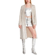 Steve Madden Women’s Show Stopper Long Glitter Coat, Silver, Large