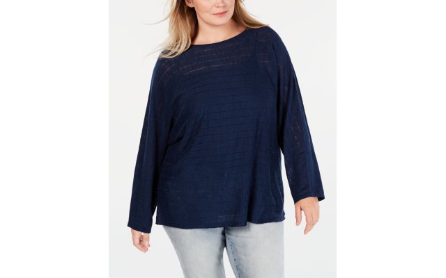 Style & Co. Womens Plus Linen Blend Striped Pullover Sweater, Dark Blue, 3X