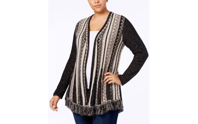 Style & Co Plus Printed Fringed Open-Front Cardigan (Beige)