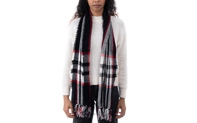 Style & Co Women’s Chenille Plaid Fringe-Trim Scarf,Black Red