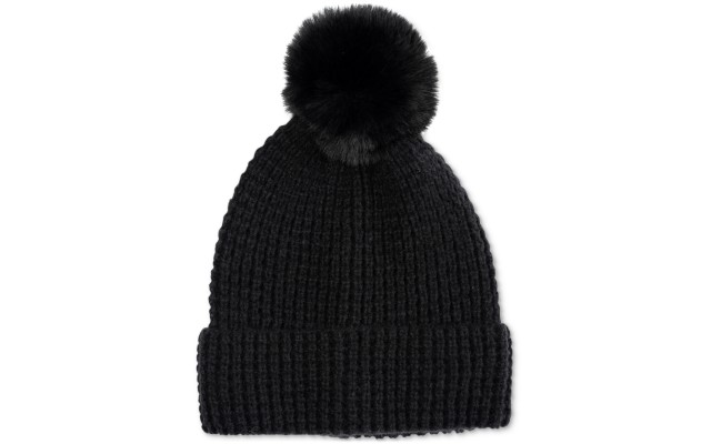 Style & Co Women’s Faux-Fur Pom Pom Waffle-Knit Beanie, Black