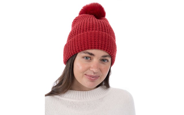 Style & Co Women’s Faux-Fur Pom Pom Waffle-Knit Beanie, Red