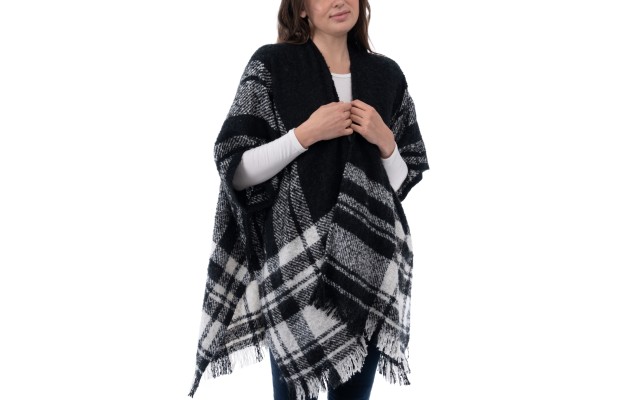 Style & Co Women’s Plaid Fringe-Trim Topper, Black/Ivory