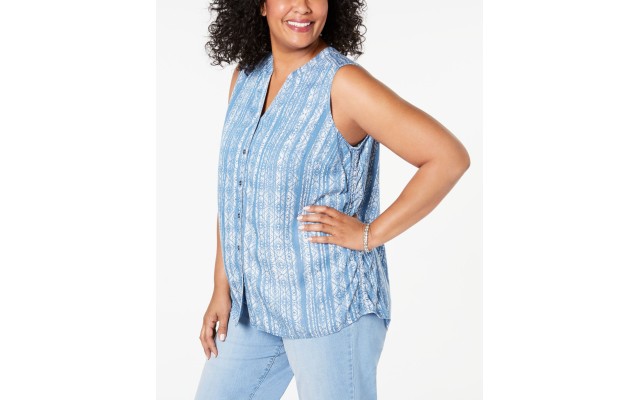 Style  Co. Womens Plus Printed Split Neck Tank Top, Blue, 1X