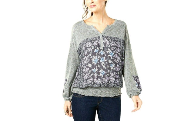 Style & Co. Women’s Smocked Paisley Printed Banded Hem Top (Grey, S)