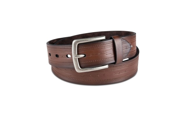  Men’s Faux-Leather Geo Embossed Belt, Brown, X-Large