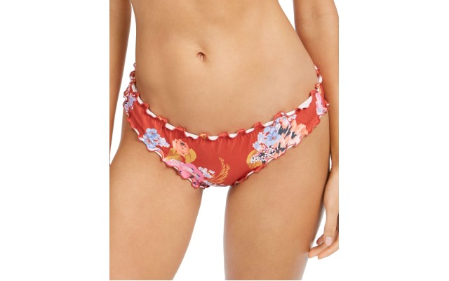  Mermaid Floral Printed Ruffled Bikini Bottoms, Small, Orange