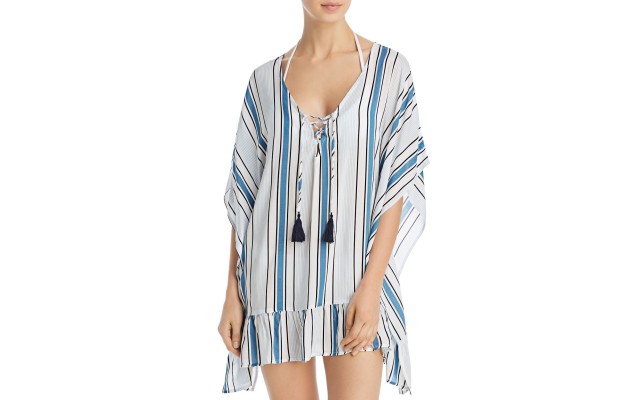  Ruffled Lace-Up Swim Cover-Up, Medium, Blue