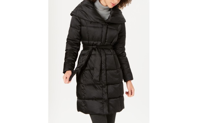  Belted Shawl-Collar Down Puffer Coat