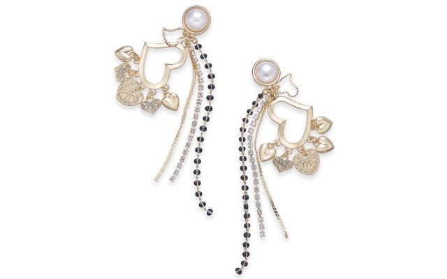  Gold-Tone Imitation Pearl Heart Charm Drop Earring