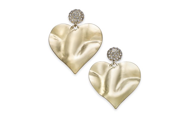  Gold-Tone Pave Hammered Heart Drop Earrings