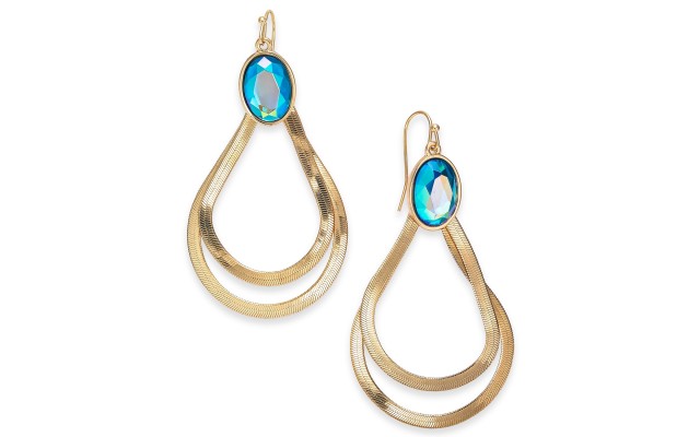  Gold-Tone Stone Double Teardrop Earrings, Blue