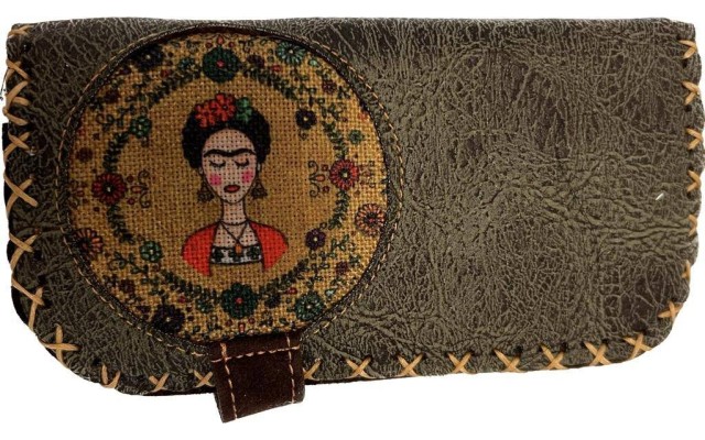  Handmade Womens Vegan Wallet Water-based Print Eco Friendly Faux Leather Wallet, Green, Frida in Flowers