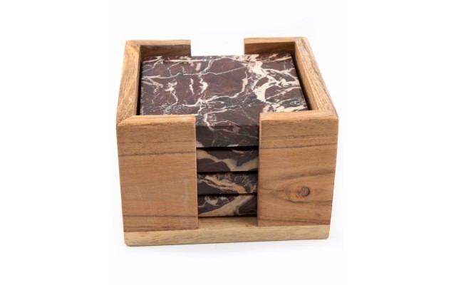  Set of 4 Cherry Marble Coasters with Wood Holder, 5 x 5