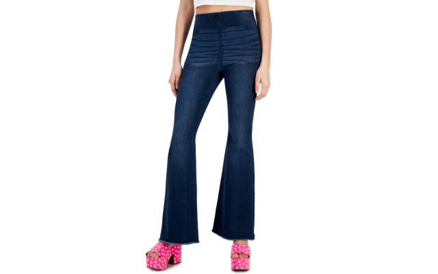  Women’s Pull-on Frayed-Hem Flare-Leg Denim Jeans, Navy, 13