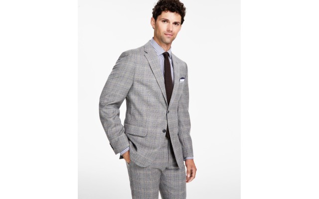  Men’s Modern-Fit Stretch Wool Suit Jacket, Gray/Camel,40R