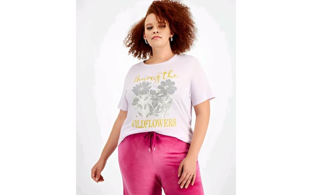 Tribe  Trendy Plus Size Wildflowers Graphic T-Shirt, 1X, Light Purple