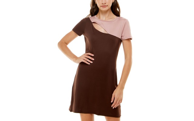  Juniors’ Colorblocked Cutout Bodycon Dress, Brown, Medium