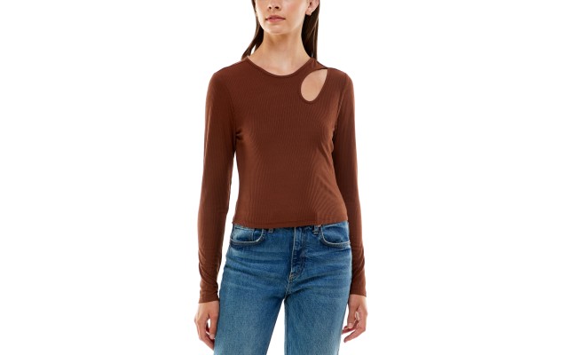  Juniors’ Cutout Long Sleeve Top, Cappuccino, XL