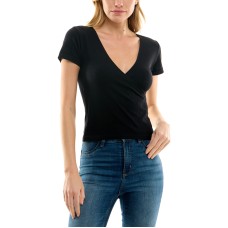 Ultra Flirt Juniors’ Seamless Ribbed Surplice Top, Black, Small