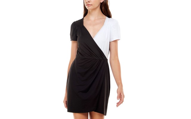  Womens Black Color Block Short Sleeve Surplice Neckline Short Party Sheath Dress, Black, Small