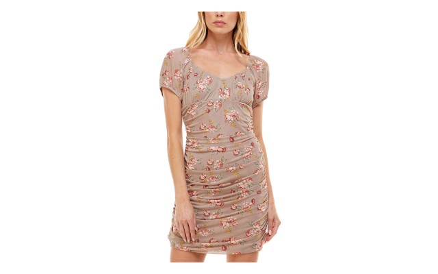  Womens Juniors’ Printed Ruched Bodycon Dress,Floral/S