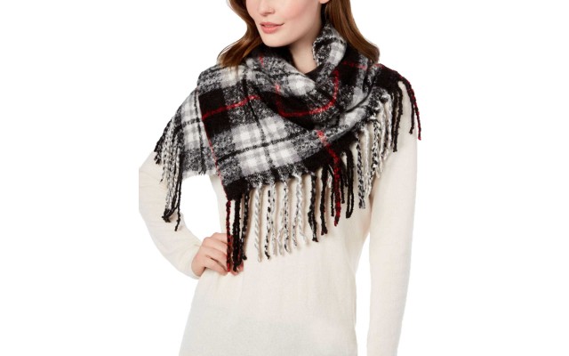  Plaid Bouclé Fringe Scarf (Black/Multi)