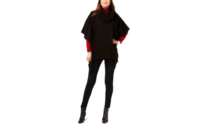  Women’s Cowl-Neck Fringe Knit Poncho (Black)