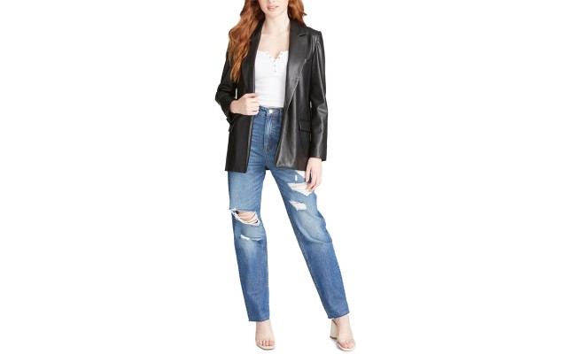 Womens Faux Leather Open-Front Blazer (Black, L)