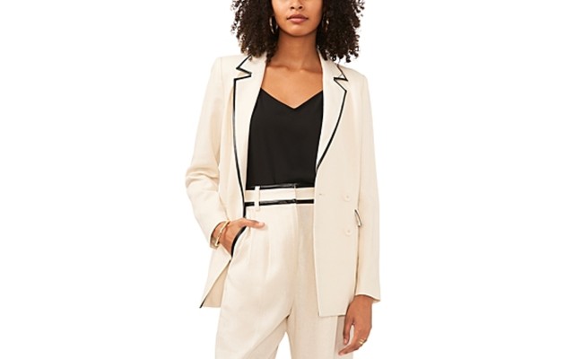  Faux Leather Trim Double Breasted Blazer, Bone, Medium