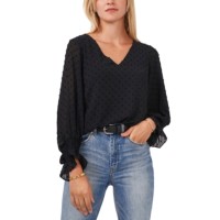 Vince Camuto Long Sleeve Smock Cuff Clip Dot V-Neck Blouse, Rich Black, Medium