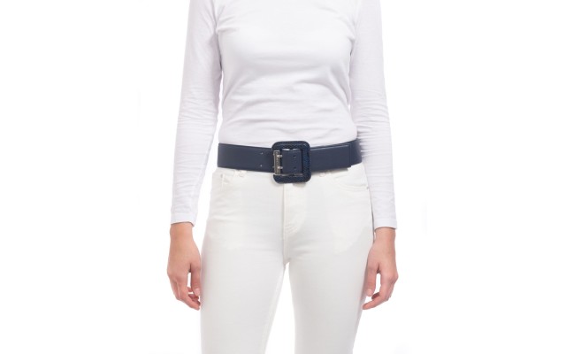 Vince Camuto Snake Embossed Covered Buckle Stretch Belt, Navy