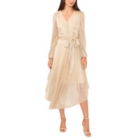 Vince Camuto Women’s Belted Sheer Sleeve Metallic Dress – Gold, Large