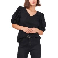 Vince Camuto Womens Black Lace Pouf Sleeve V Neck Top ,Small