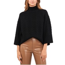 Vince Camuto Women’s Cable-Knit Mock-Neck Sweater – Rich Black, Small