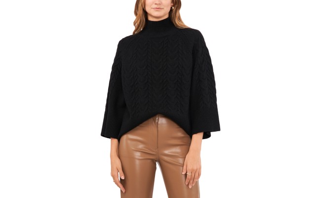  Women’s Cable-Knit Mock-Neck Sweater – Rich Black, Small