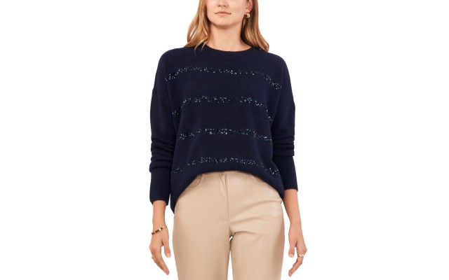  Women’s Crewneck Sequin Stripe Long Sleeve Sweater – Classic Navy, X-Small