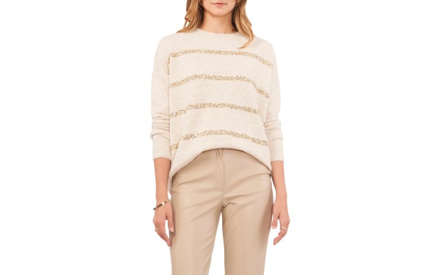  Women’s Crewneck Sequin Stripe Long Sleeve Sweater, Malted, XX-Large