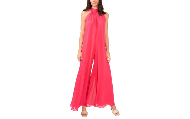  Womens Draped Halter Jumpsuit, Pink, M