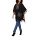  Women’s Fringed Puffer-Trim Hoodie Cape with Fringe, Black, X-Large