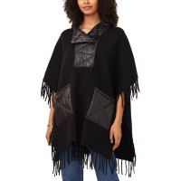 Vince Camuto Women’s Fringed Puffer-Trim Hoodie Cape with Fringe, Black, X-Large