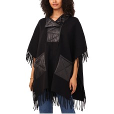 Vince Camuto Women’s Fringed Puffer-Trim Hoodie Cape with Fringe, Black, X-Large