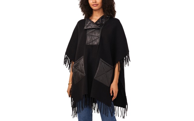  Women’s Fringed Puffer-Trim Hoodie Cape with Fringe, Black, X-Large