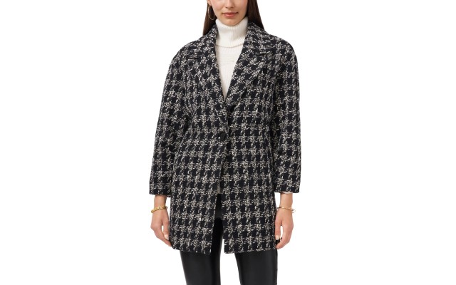  Womens Houndstooth Cotton Tweed Jacket, Gray, L