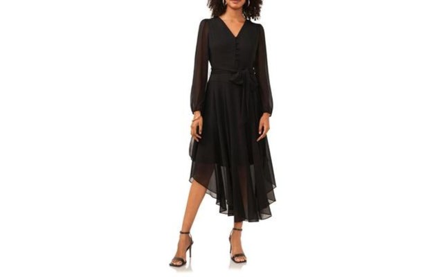  Womens Long Sleeve Handkerchief Hem Maxi Dress, Black, Medium