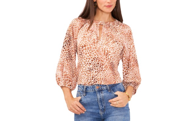  Women’s Metallic Animal Print Keyhole Peasant Blouse – Natural Taupe, Large