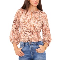 Vince Camuto Women’s Metallic Animal Print Keyhole Peasant Blouse – Natural Taupe, Small