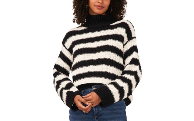  Women’s Mock-Neck Dropped-Shoulder Sweater – Rich Black, Large