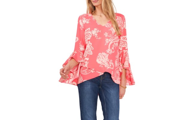  Women’s Paisley Flutter Sleeve V-neck Blouse – Lush Coral, Small