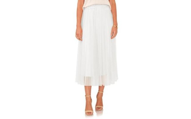 Womens Pleated Mesh Midi Skirt, Ivory, Large